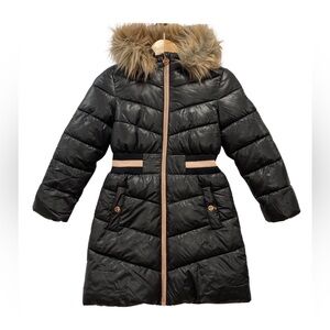 Michael Kors Girls Puffer Coat 7/8 Black Pink Gold Faux Fur Trim Removable Hood